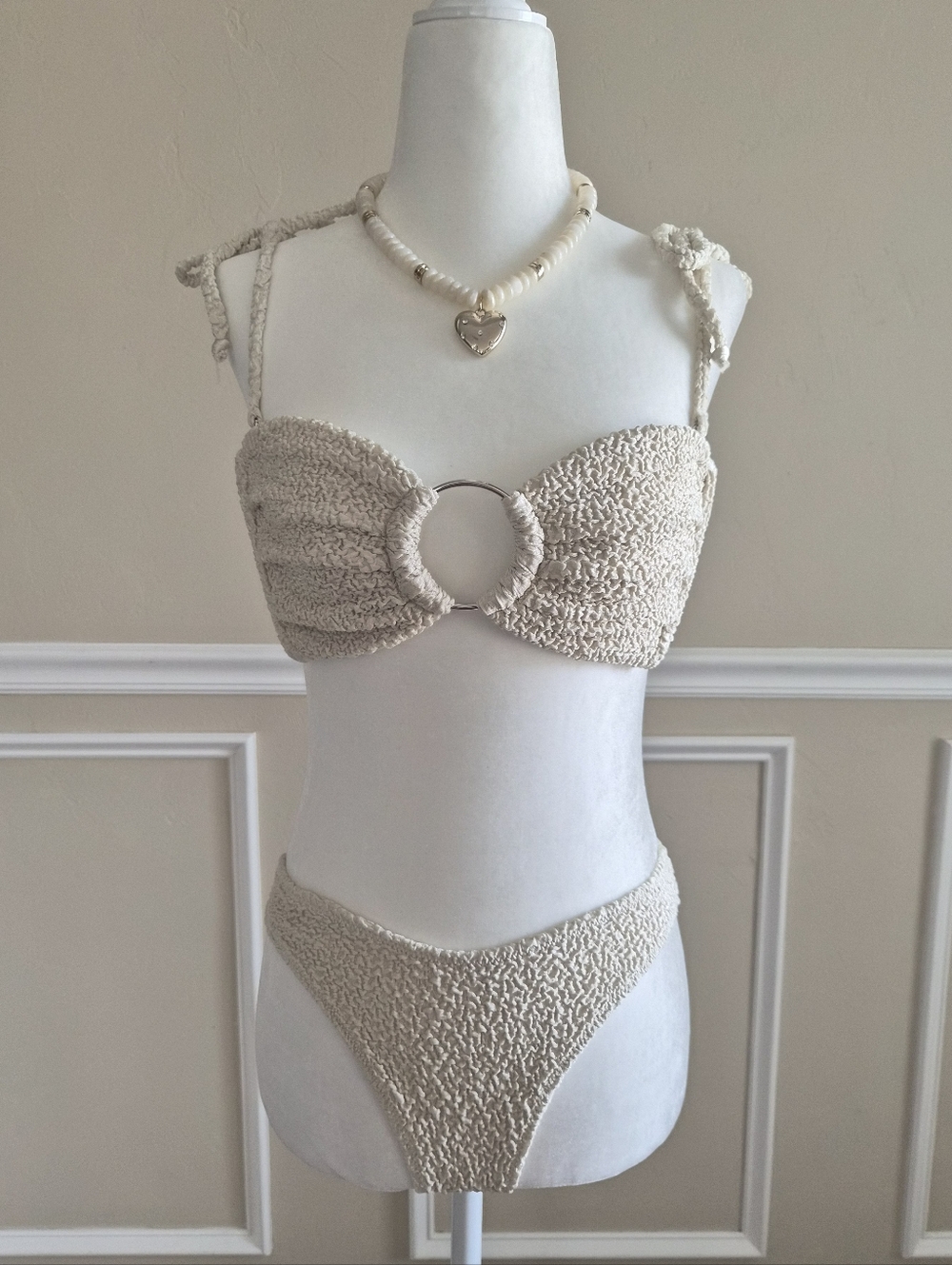 Montce Cream Beige Textured Ring-Front Bikini Top & Bottom Set